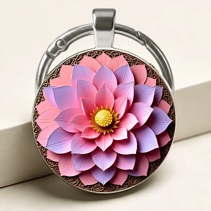 Zen Oriental Style Pink Lotus Keychain, Exquisite Design